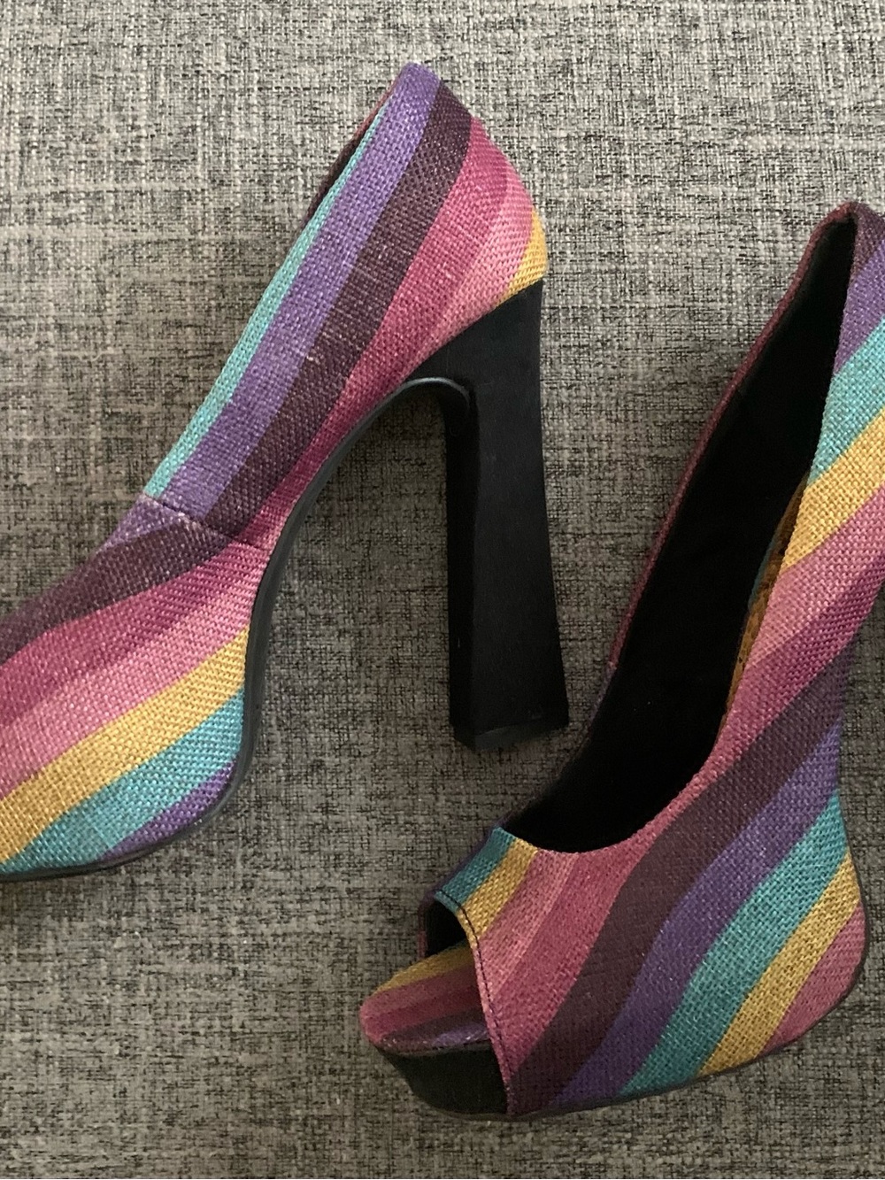 FRH Multicolor Stripe Peep-Toe Heels in Purple, Teal & Yellow